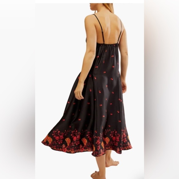 Free People black On My Own red Floral Satin Nightgown dress size medium new - Picture 3 of 4